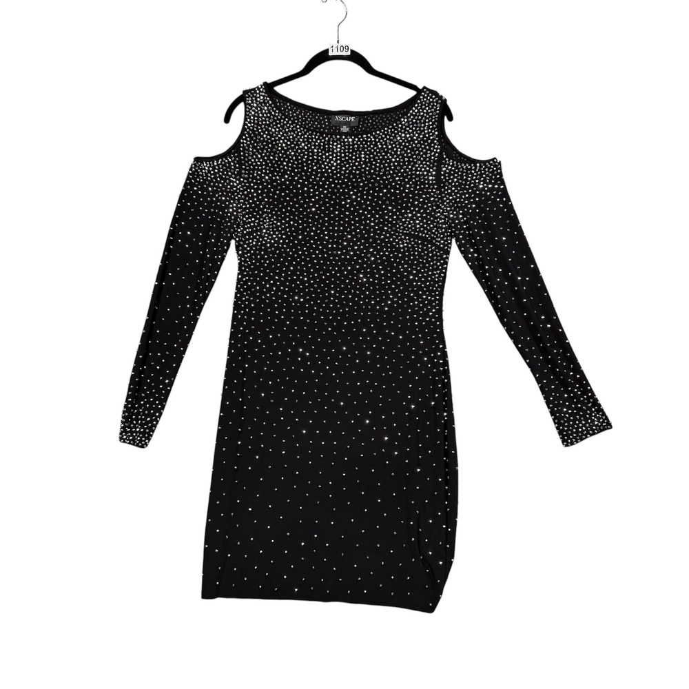 XSCAPE Cold Shoulder Dress Women 10 Black Rhinestone Long Sleeve Bodycon Mini